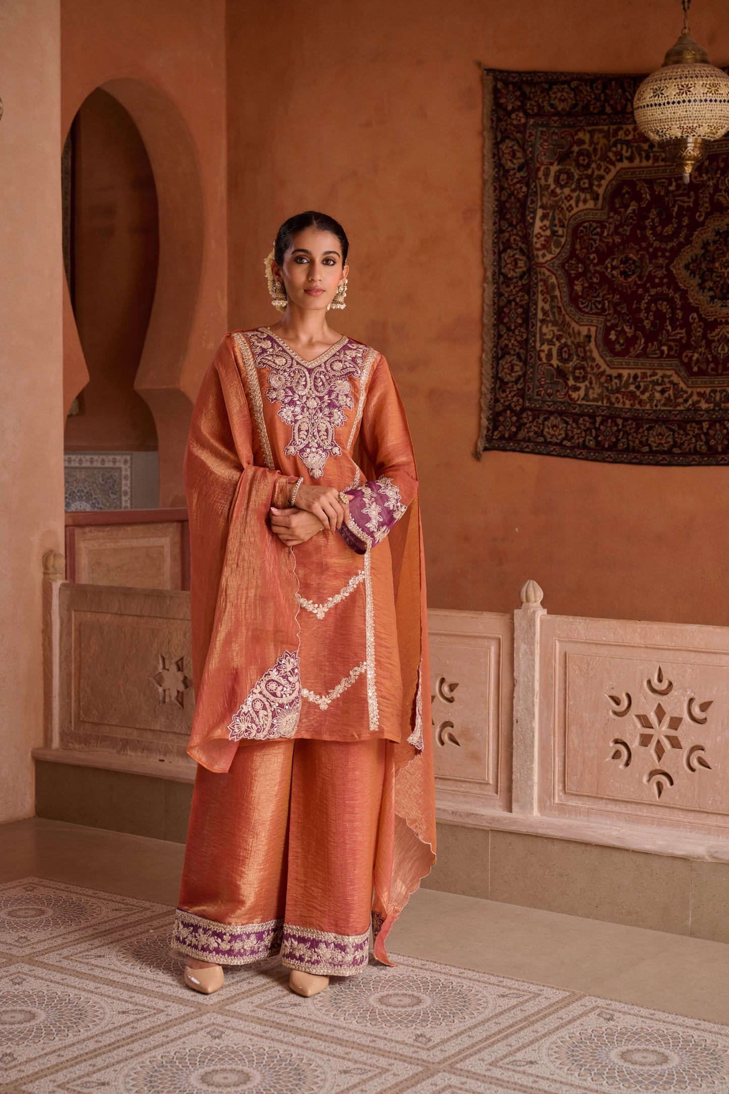 Rust Shimmer Tissue Embroidered Festive Kurta Palazzo Suit Set