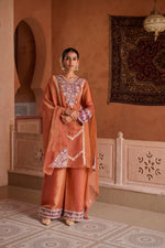 Rust Shimmer Tissue Embroidered Festive Kurta Palazzo Suit Set