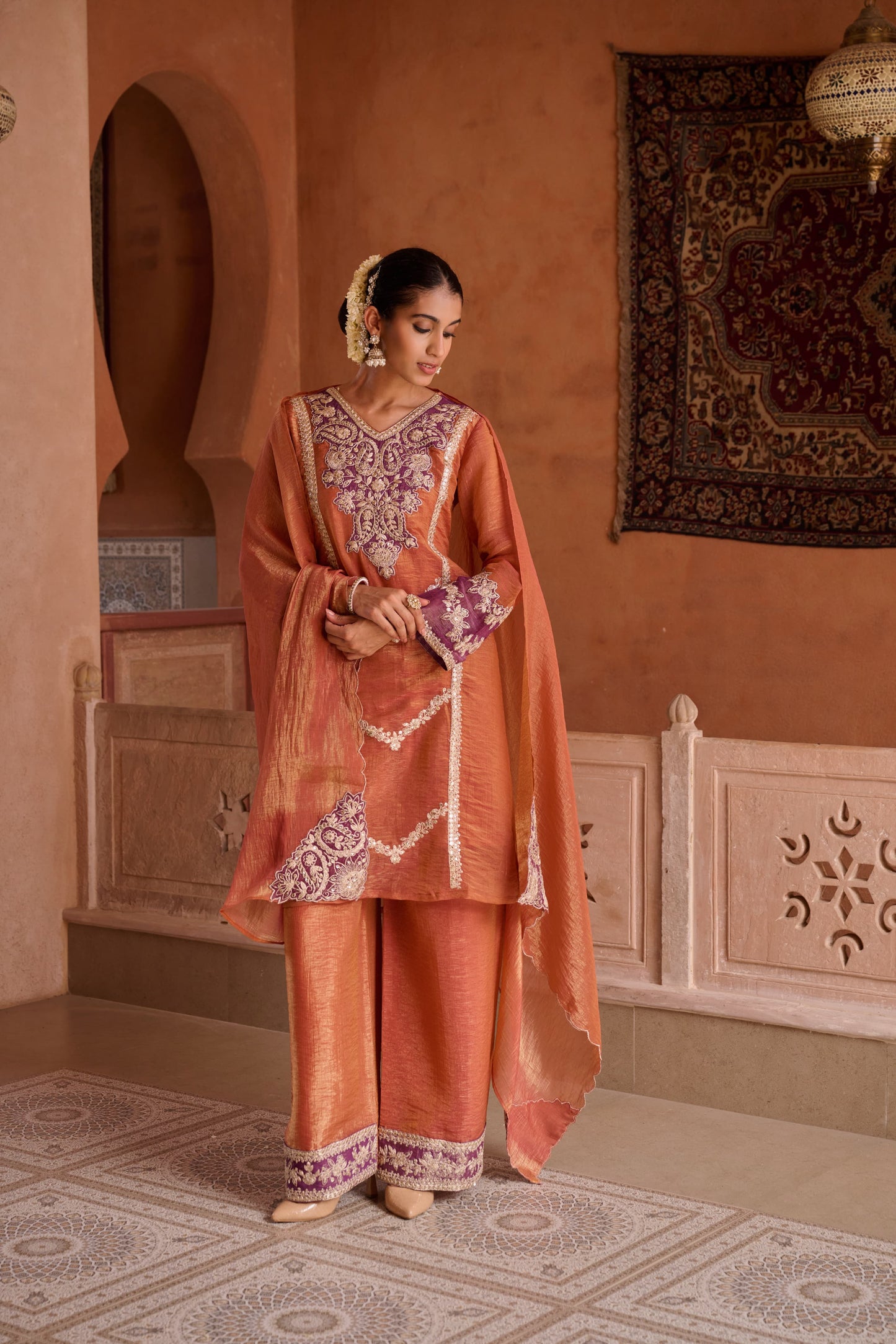 Rust Shimmer Tissue Embroidered Festive Kurta Palazzo Suit Set