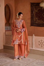 Rust Shimmer Tissue Embroidered Festive Kurta Palazzo Suit Set