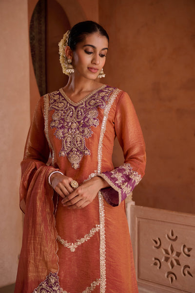 Rust Shimmer Tissue Embroidered Festive Kurta Palazzo Suit Set
