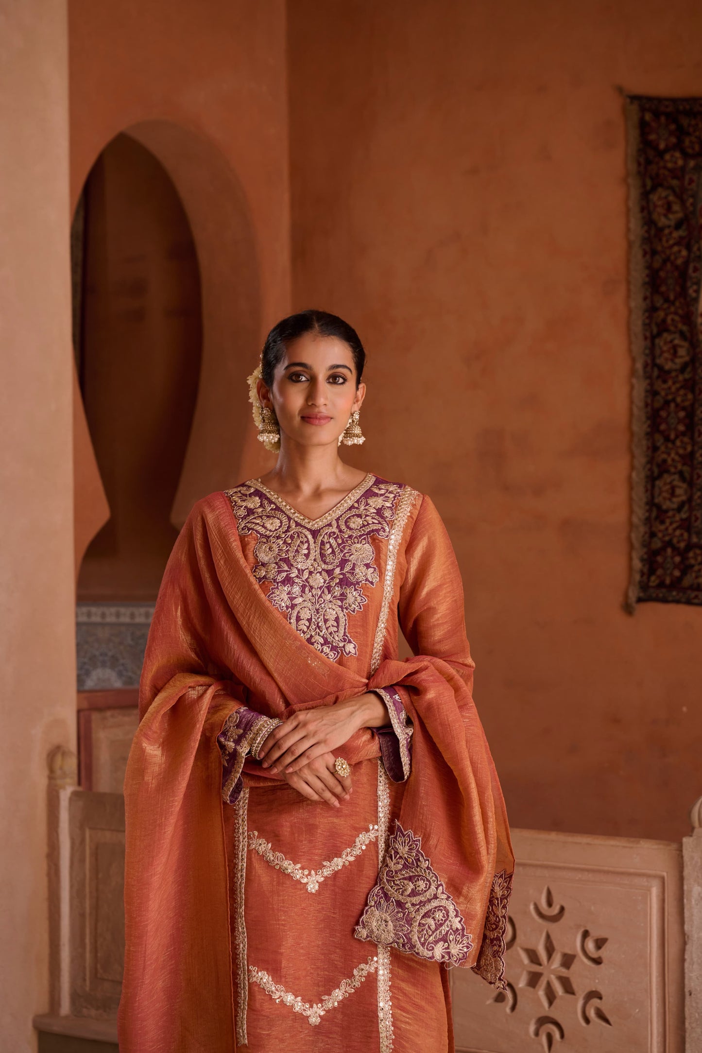 Rust Shimmer Tissue Embroidered Festive Kurta Palazzo Suit Set