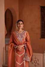 Rust Shimmer Tissue Embroidered Festive Kurta Palazzo Suit Set