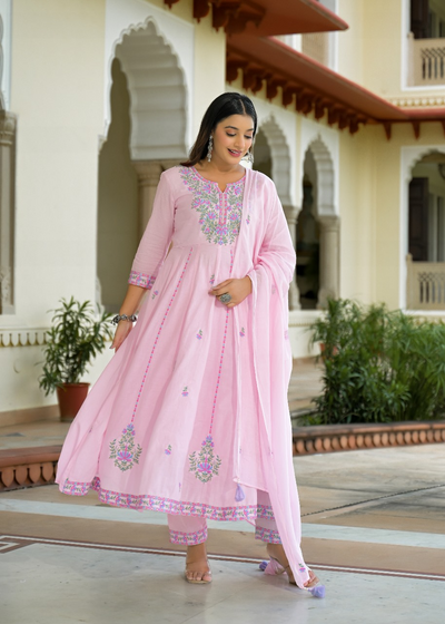 Mul Cotton Baby Pink Embroidered Anarkali Suit