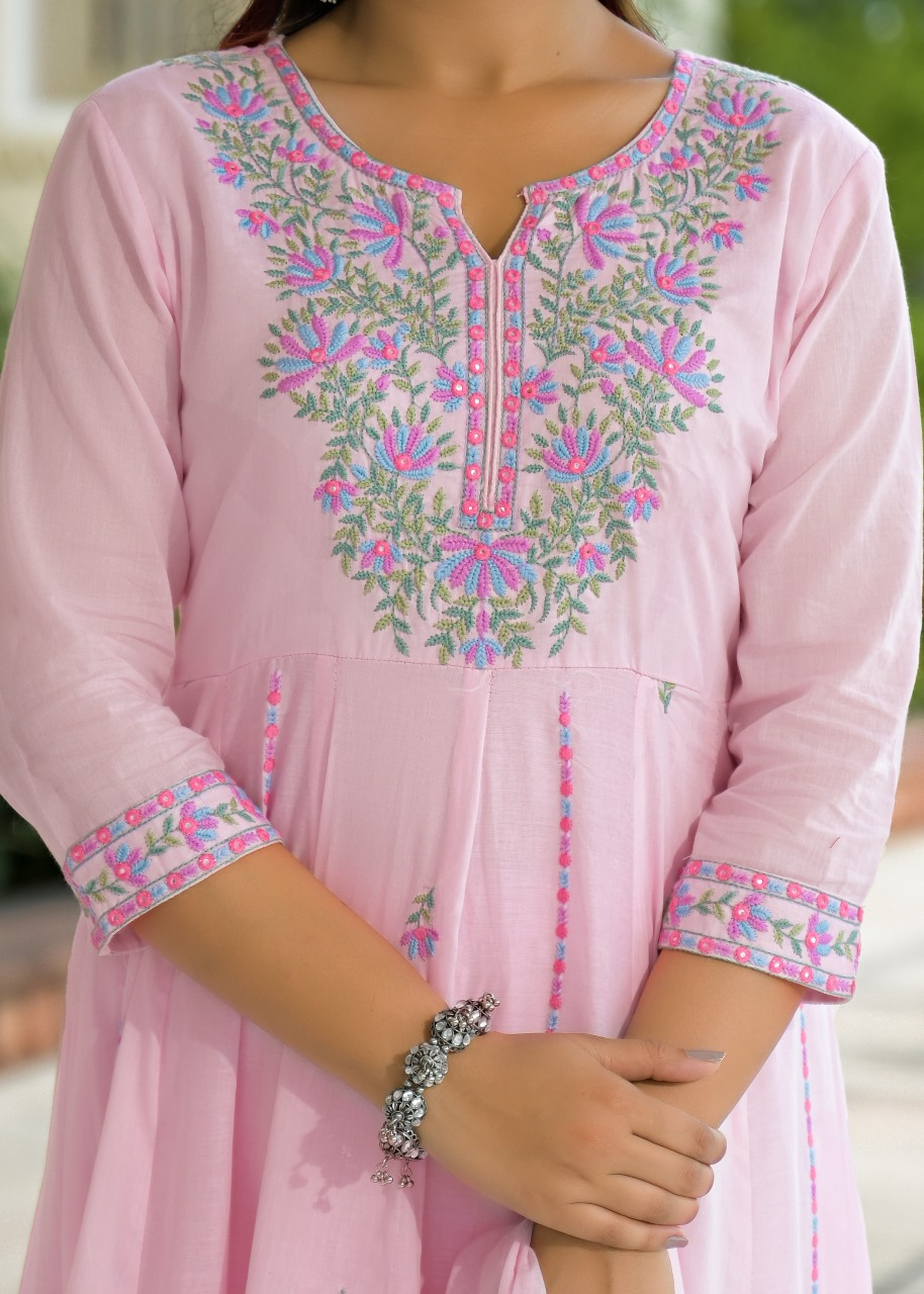 Mul Cotton Baby Pink Embroidered Anarkali Suit