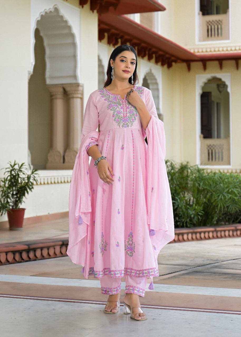Mul Cotton Baby Pink Embroidered Anarkali Suit