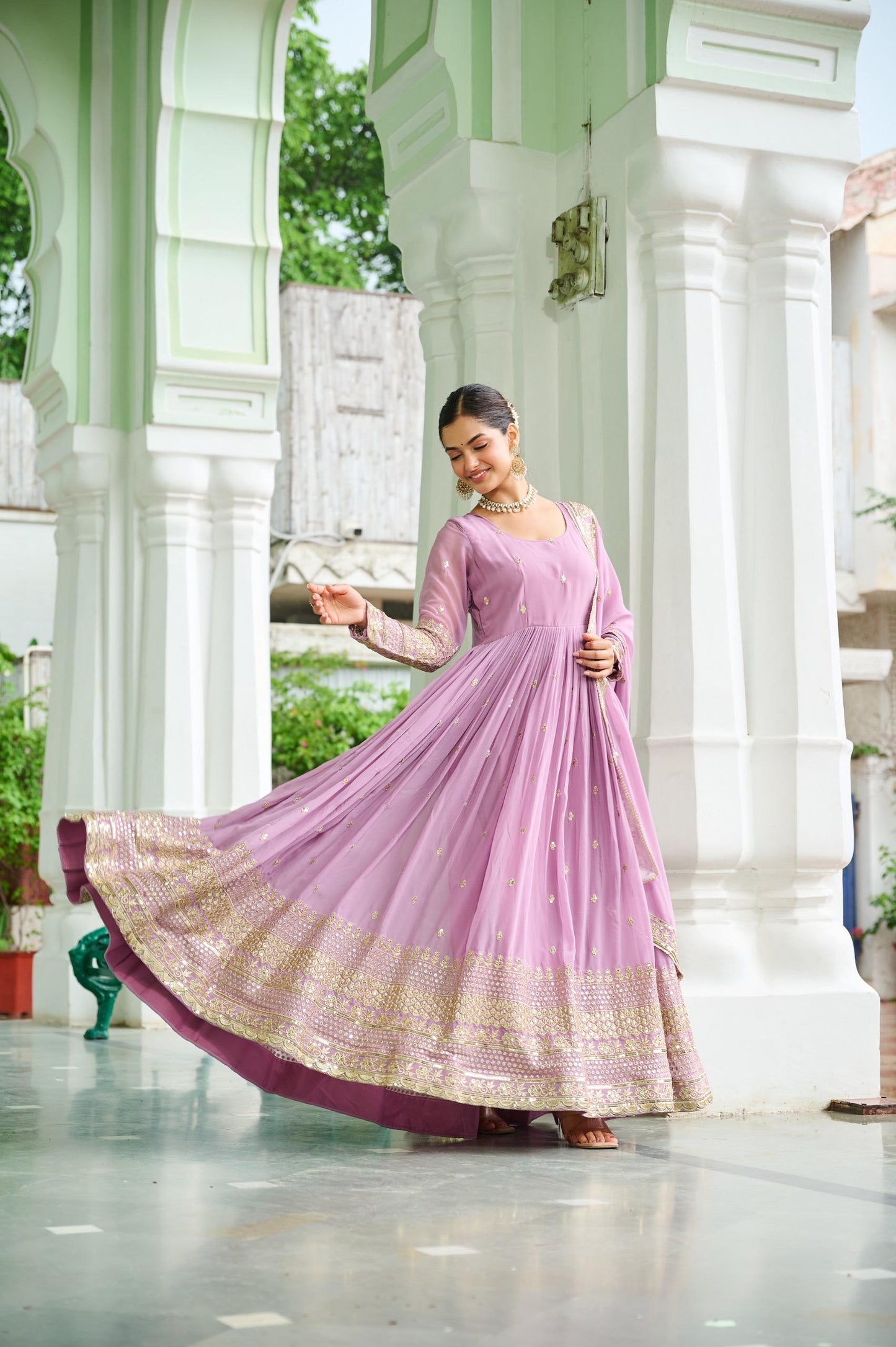 Lavender Georgette Embroidered Gown