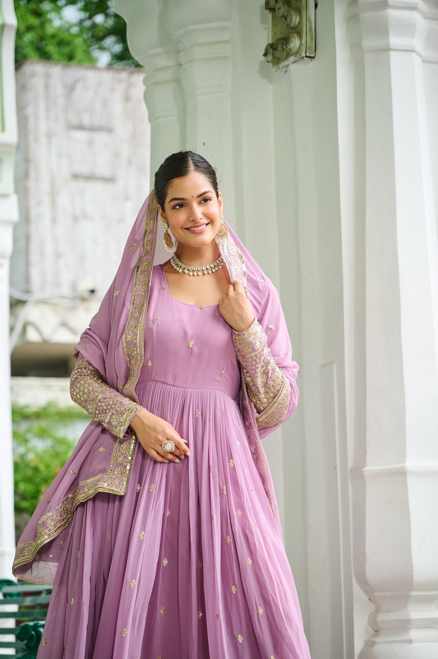 Lavender Georgette Embroidered Gown