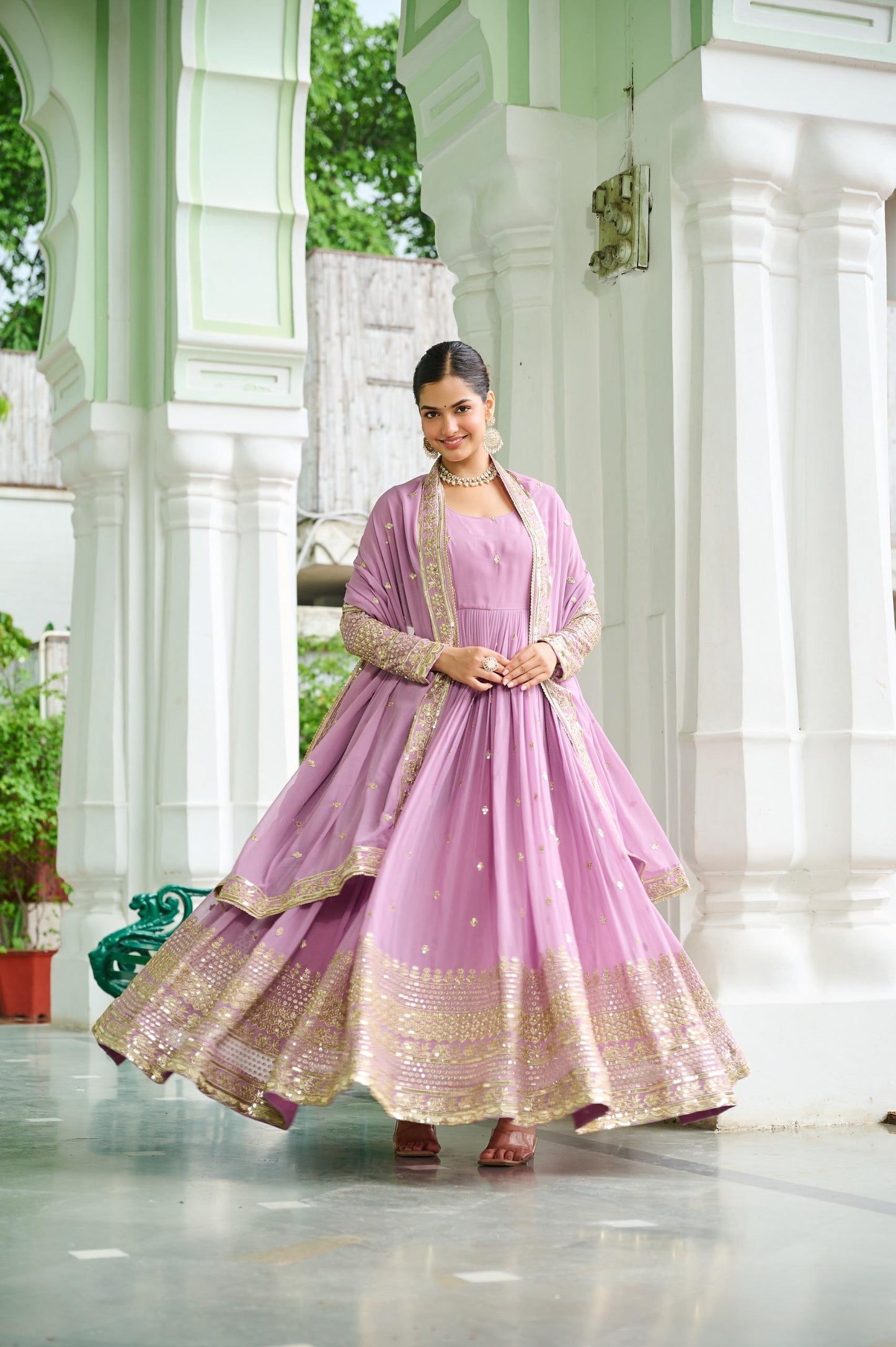 Lavender Georgette Embroidered Gown