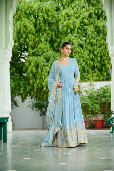 Powder Blue Georgette Embroidered Gown