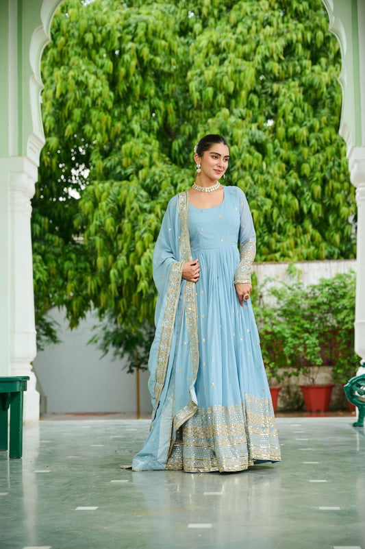 Powder Blue Georgette Embroidered Gown