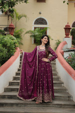Wine Chinon Sequins Embroidered Gown With Palazzo