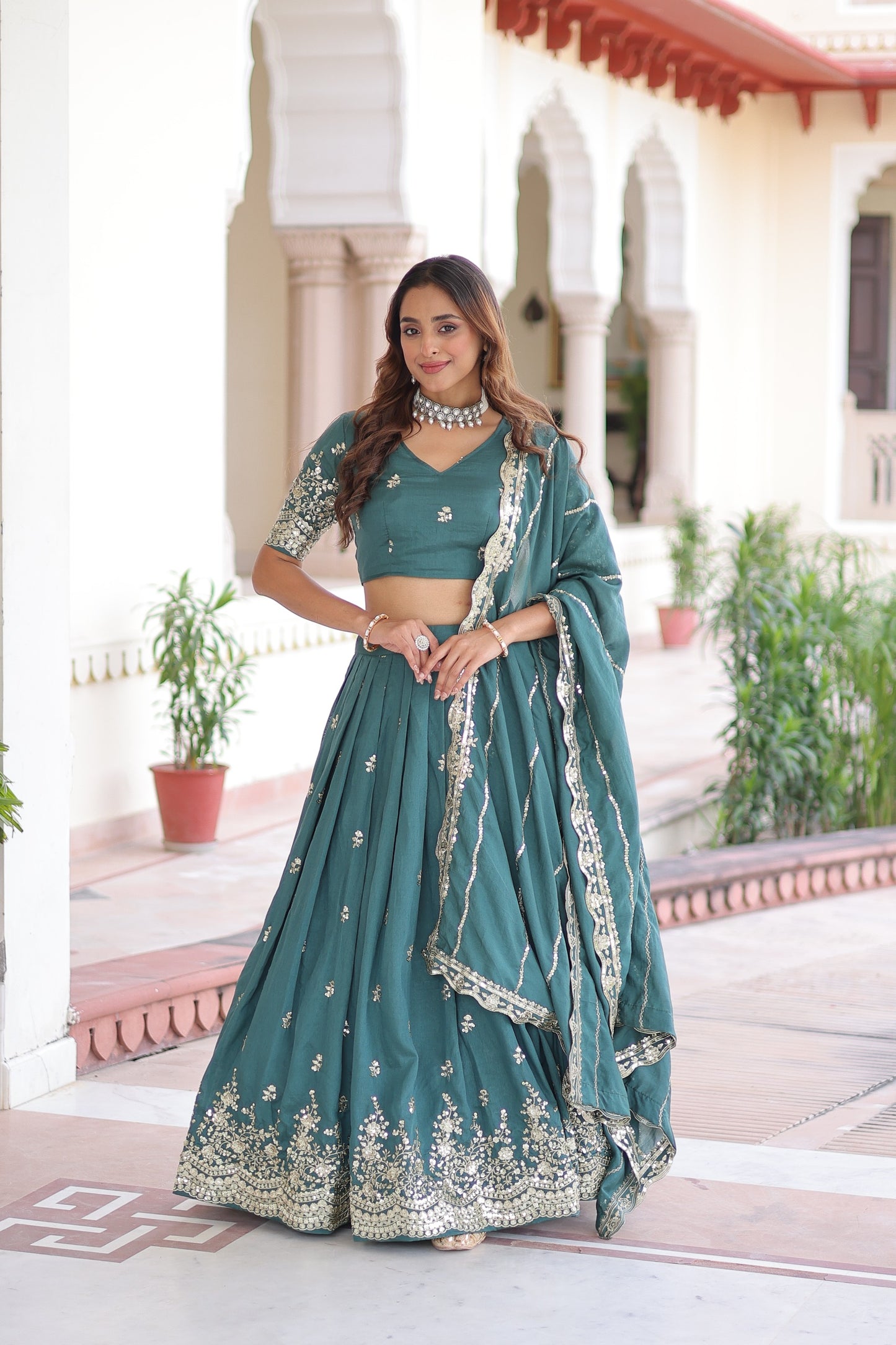 Teal Vichitra Silk With Sequins & Zari Multi Embroidered Lehenga