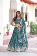 Teal Vichitra Silk With Sequins & Zari Multi Embroidered Lehenga
