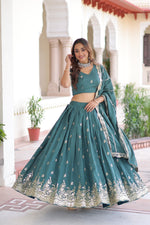 Teal Vichitra Silk With Sequins & Zari Multi Embroidered Lehenga