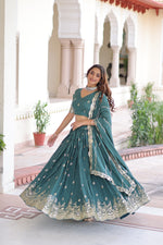 Teal Vichitra Silk With Sequins & Zari Multi Embroidered Lehenga