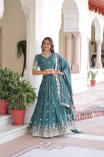 Teal Vichitra Silk With Sequins & Zari Multi Embroidered Lehenga