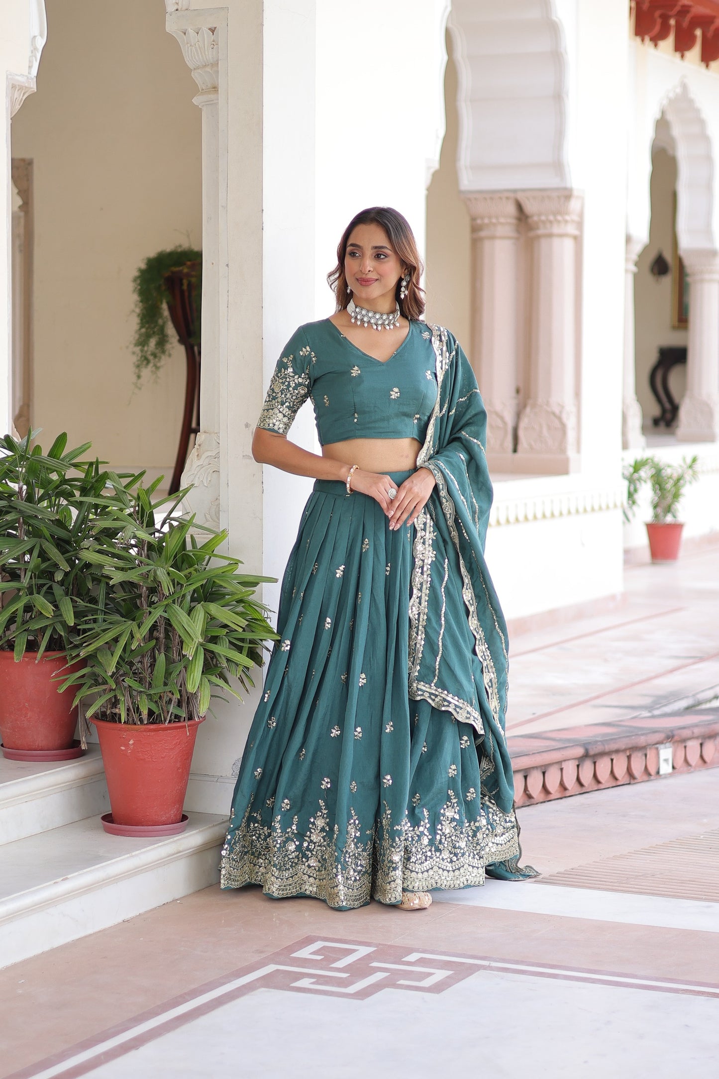 Teal Vichitra Silk With Sequins & Zari Multi Embroidered Lehenga