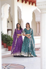 Teal Vichitra Silk With Sequins & Zari Multi Embroidered Lehenga