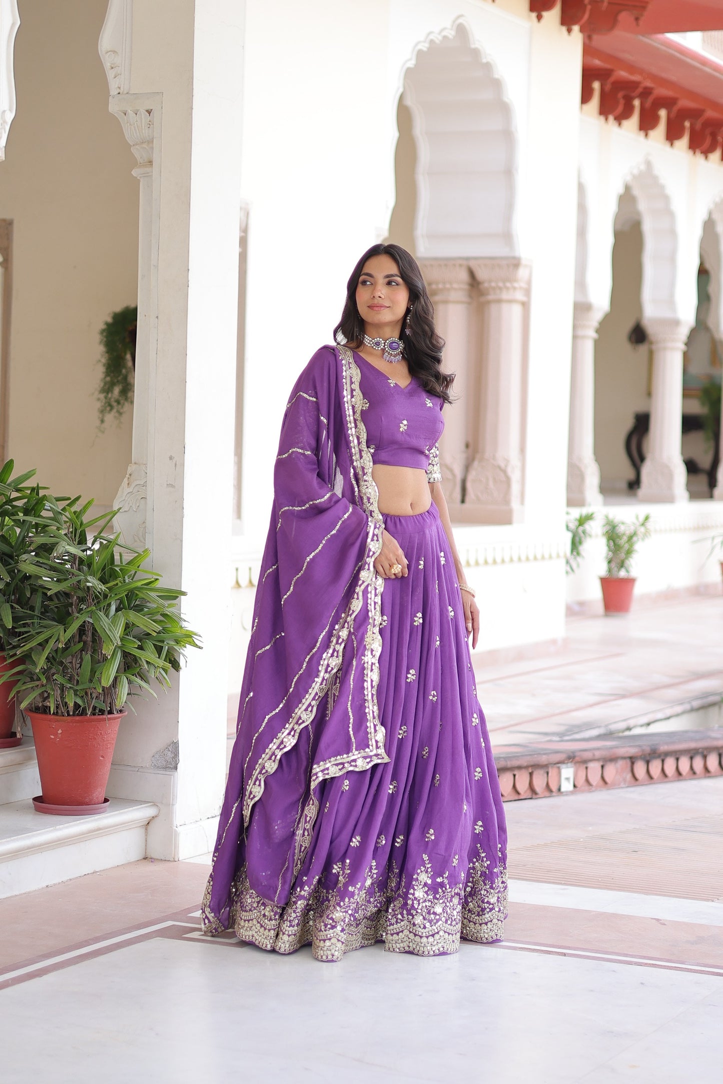 Purple Vichitra Silk With Sequins & Zari Multi Embroidered Lehenga