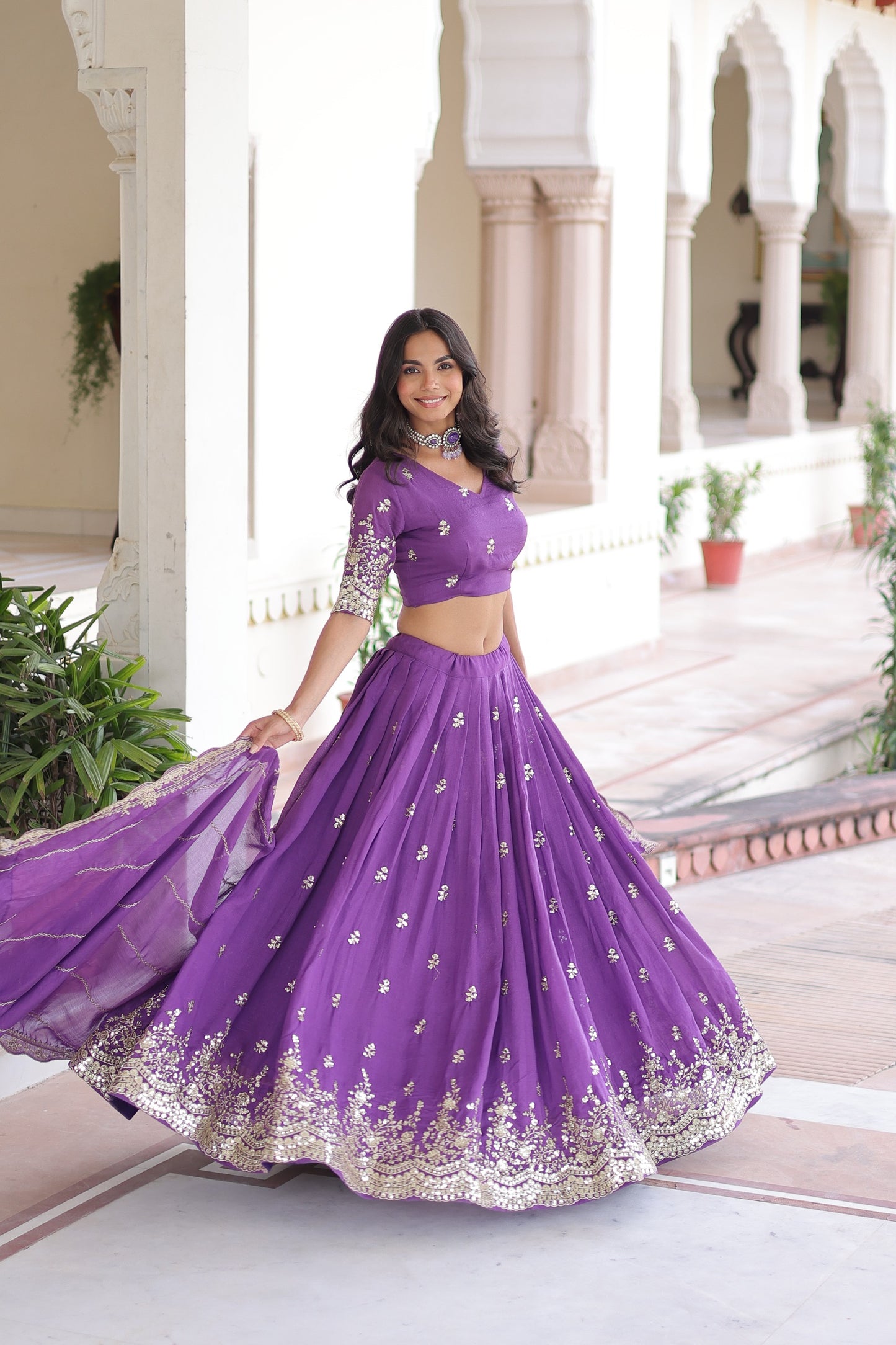 Purple Vichitra Silk With Sequins & Zari Multi Embroidered Lehenga