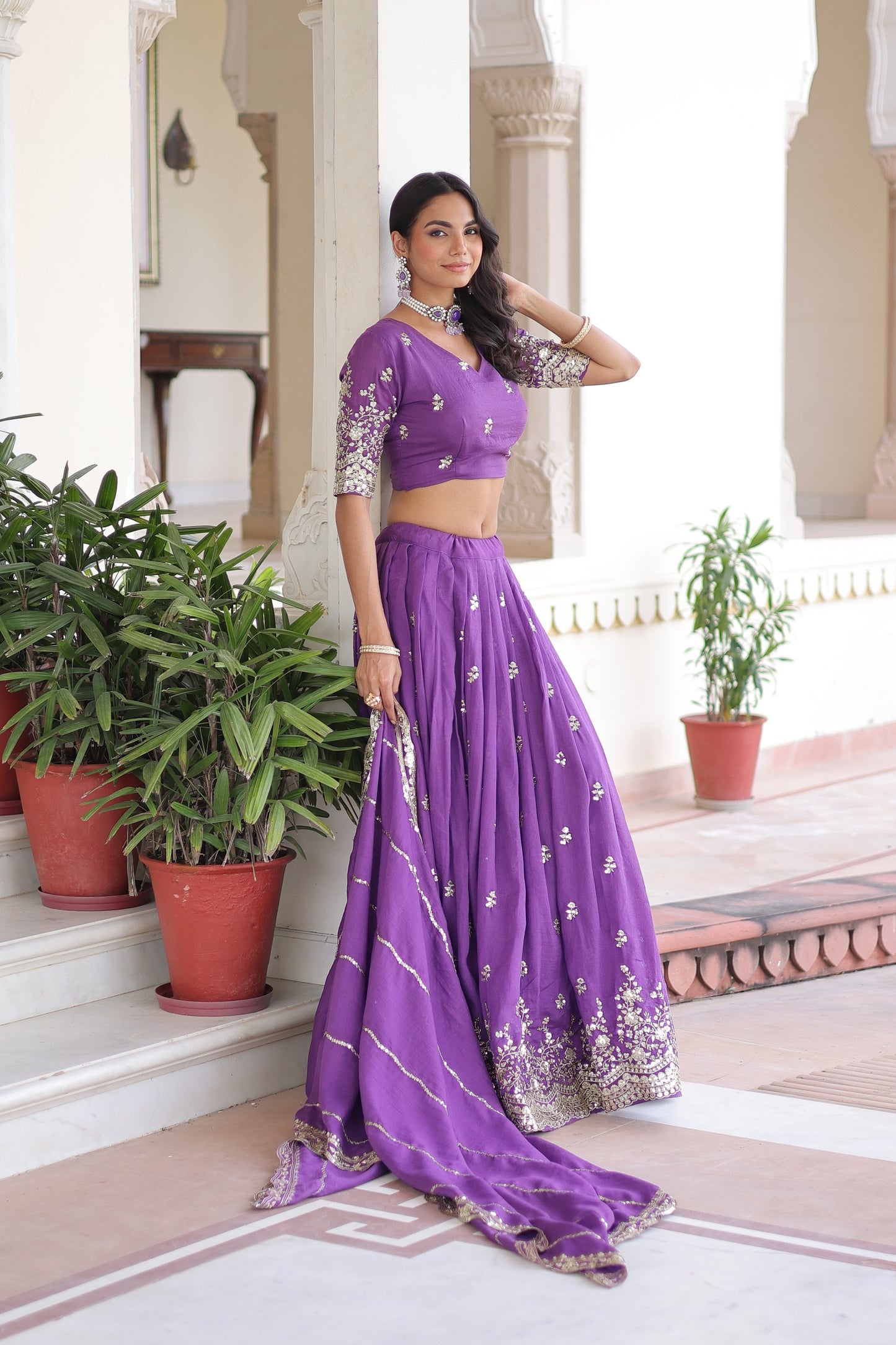 Purple Vichitra Silk With Sequins & Zari Multi Embroidered Lehenga