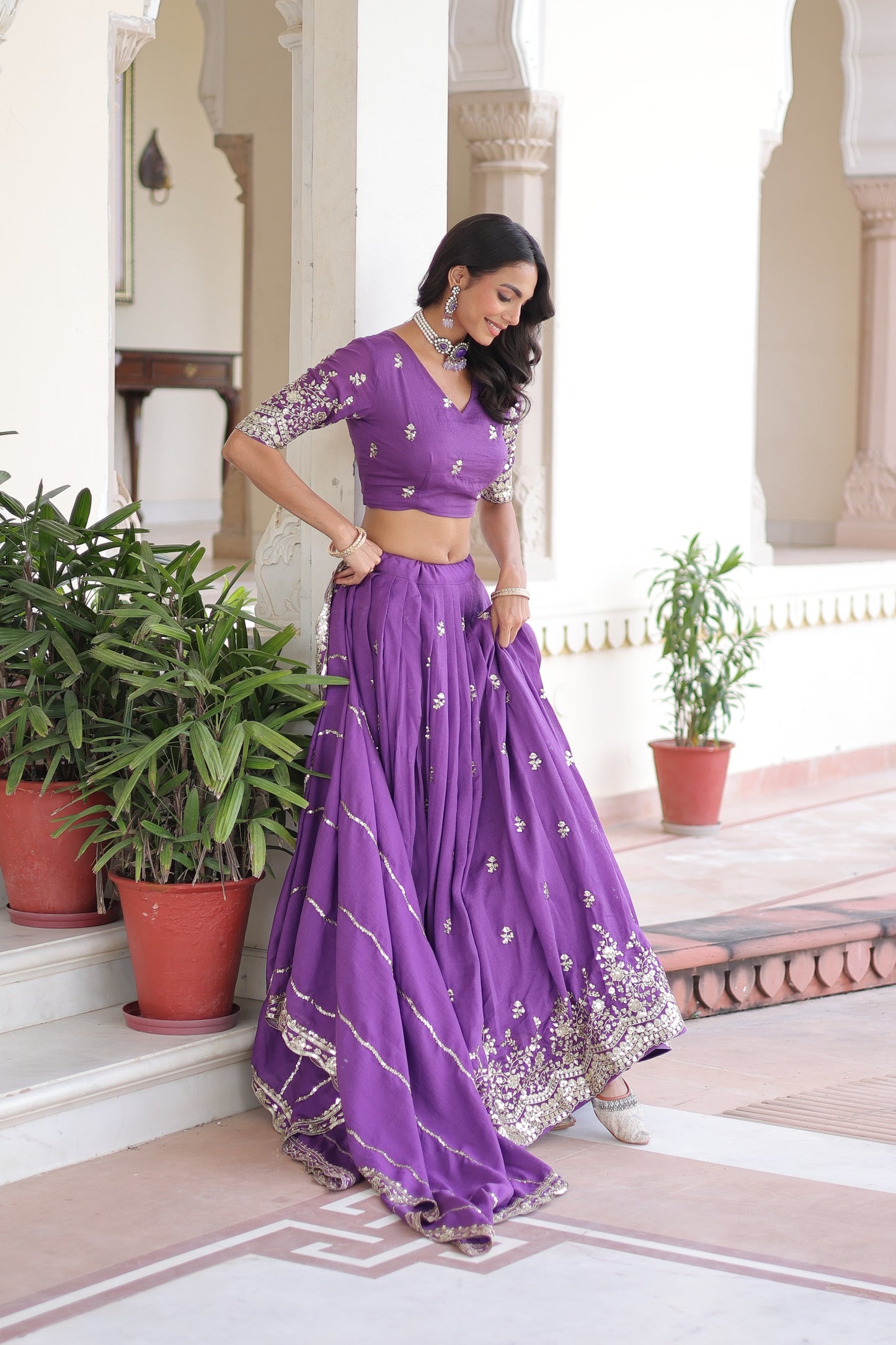 Purple Vichitra Silk With Sequins & Zari Multi Embroidered Lehenga
