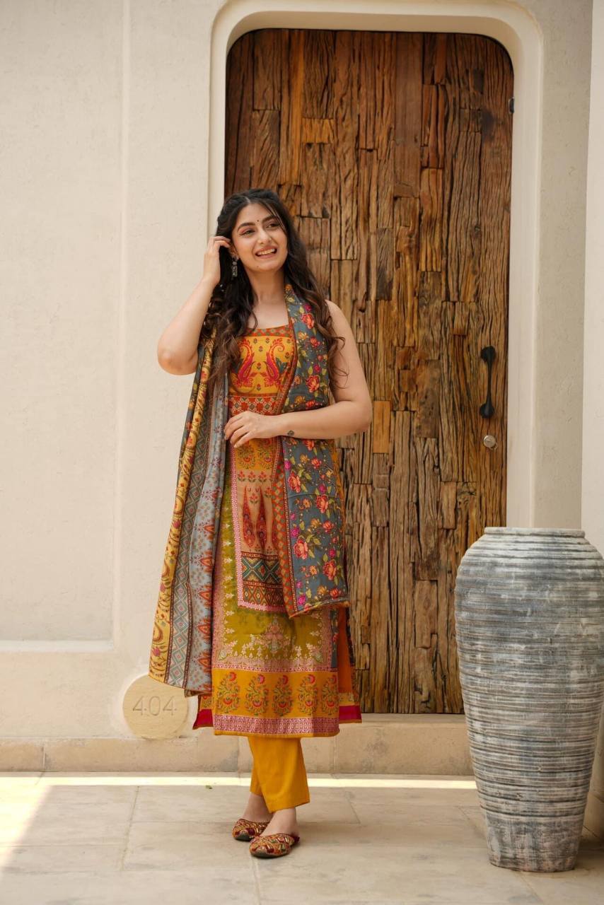 Beautiful  Mustard Floral A Line Kurta Pant With Dupatta - Festive wear