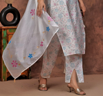 Muslin Digital Foil Printed Thread & Dabka Moti Work Kurti Pant Wiith Dupatta