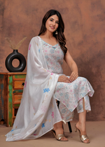 Muslin Digital Foil Printed Thread & Dabka Moti Work Kurti Pant Wiith Dupatta