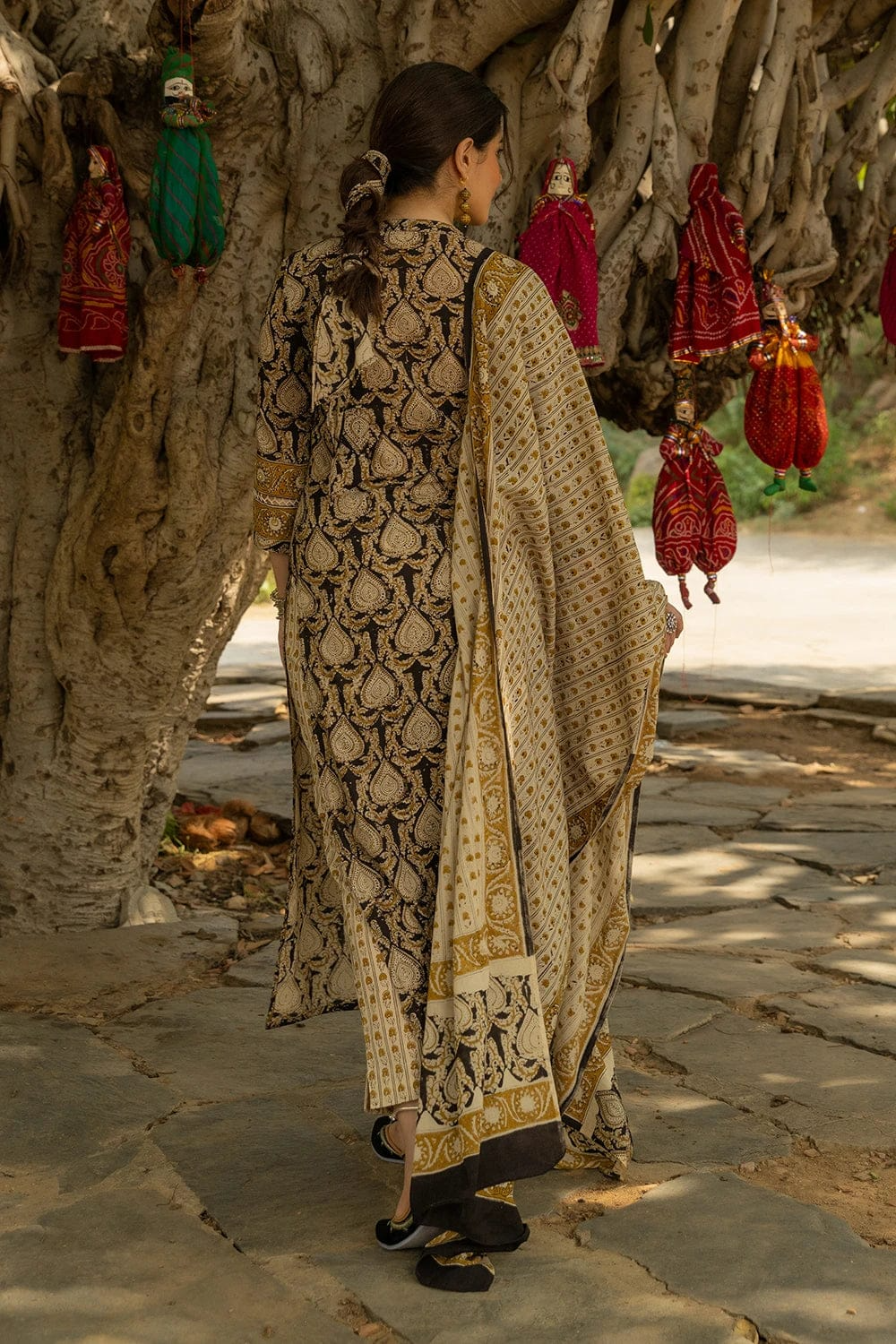 Black Bagru Hand Block Printed Cotton Kurta Pant & Dupatta Set