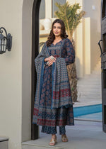 Cotton Ajrakh Anarkali Suit With Palazzo & Dupatta