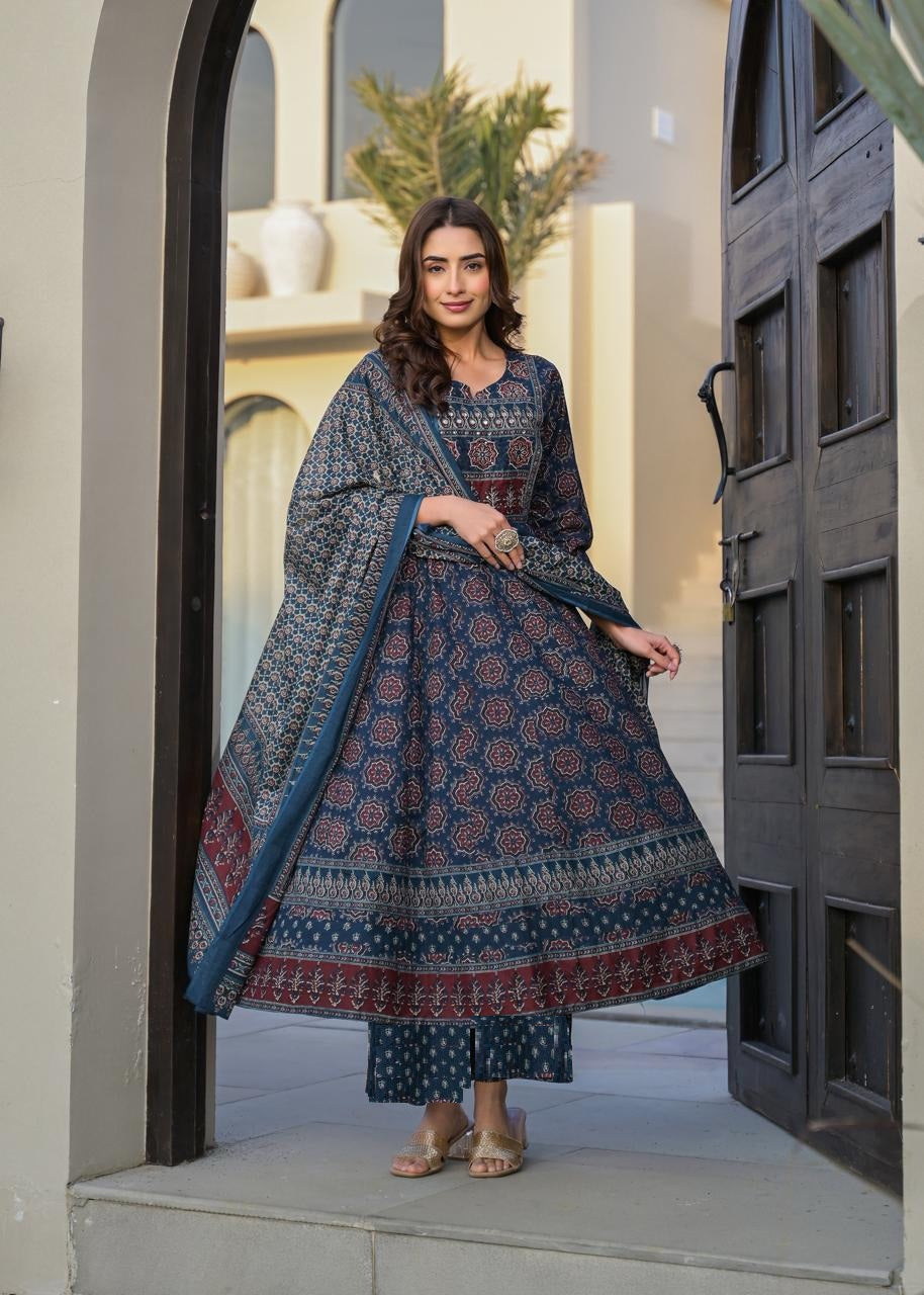 Cotton Ajrakh Anarkali Suit With Palazzo & Dupatta