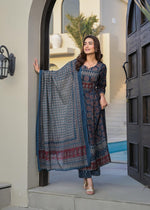 Cotton Ajrakh Anarkali Suit With Palazzo & Dupatta