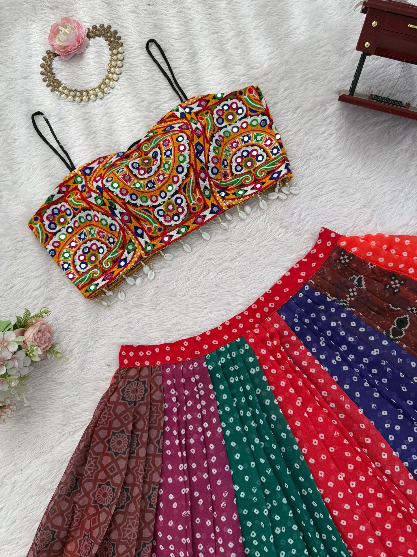 Multi- colour Multi-panel Bandhani Skirt & Choli Set - Alia Bhatt Inspired