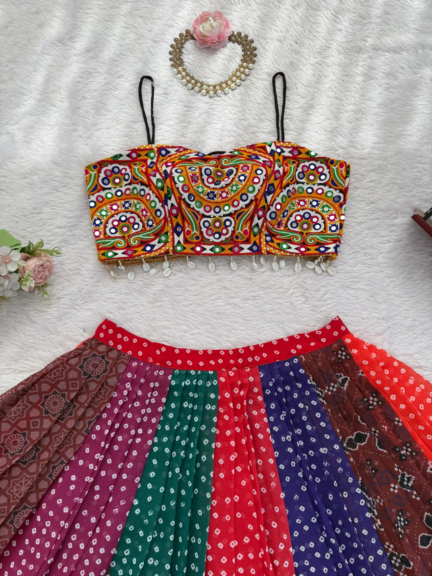 Multi- colour Multi-panel Bandhani Skirt & Choli Set - Alia Bhatt Inspired