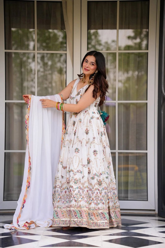 White Georgette Thread Sequence Work Festive Gown