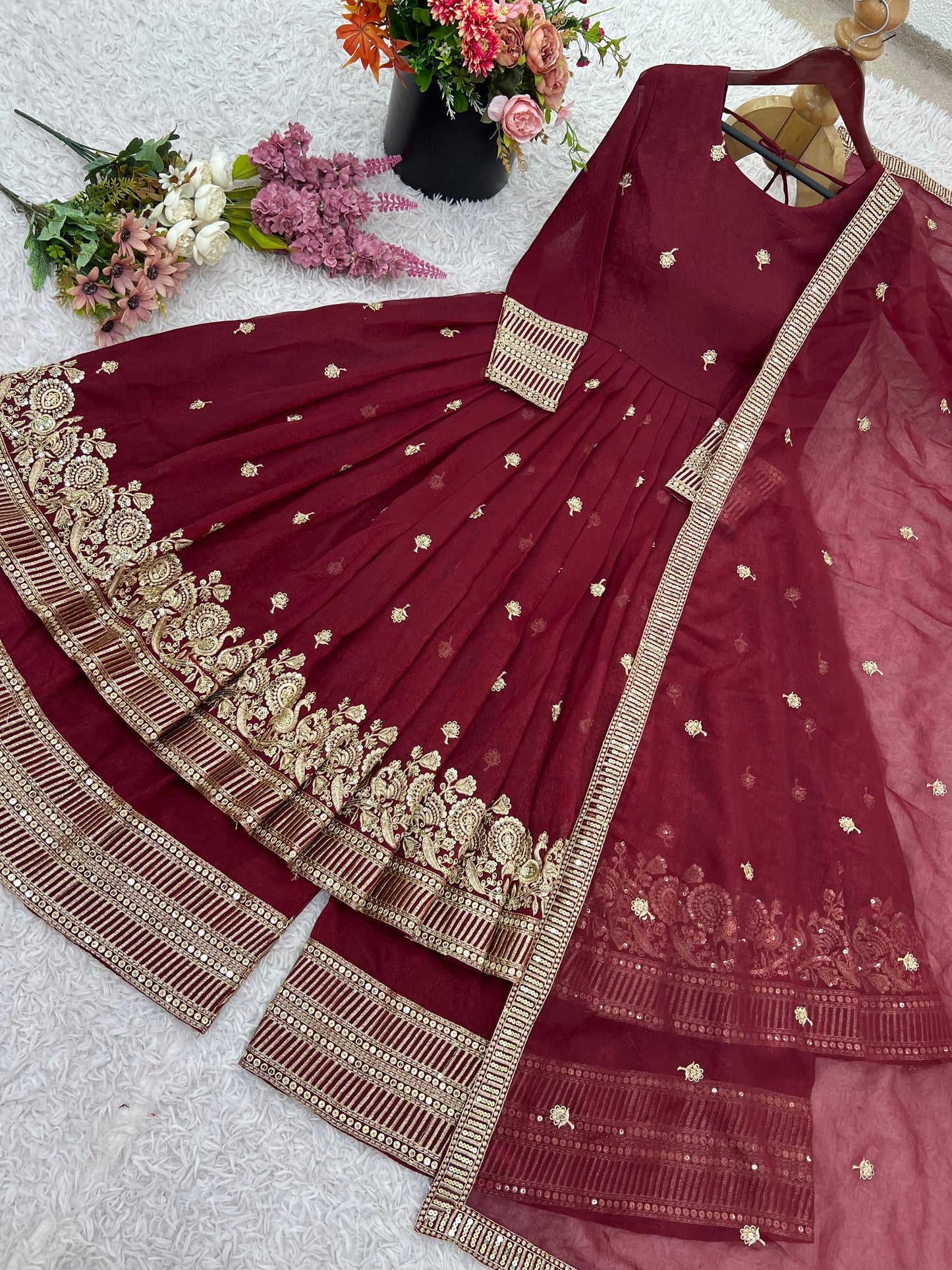 Red Georgette Embroidered Festive Gown