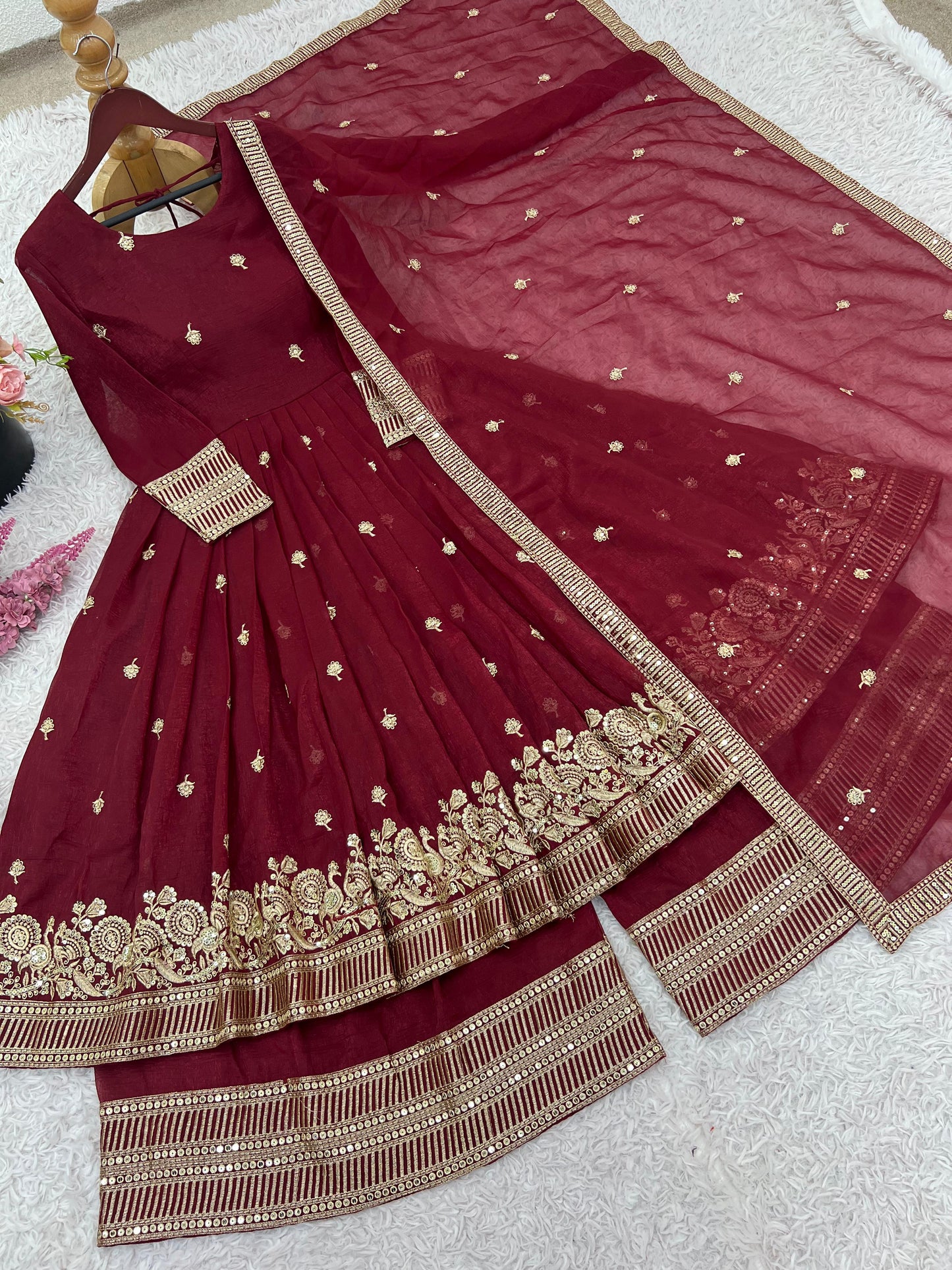 Red Georgette Embroidered Festive Gown