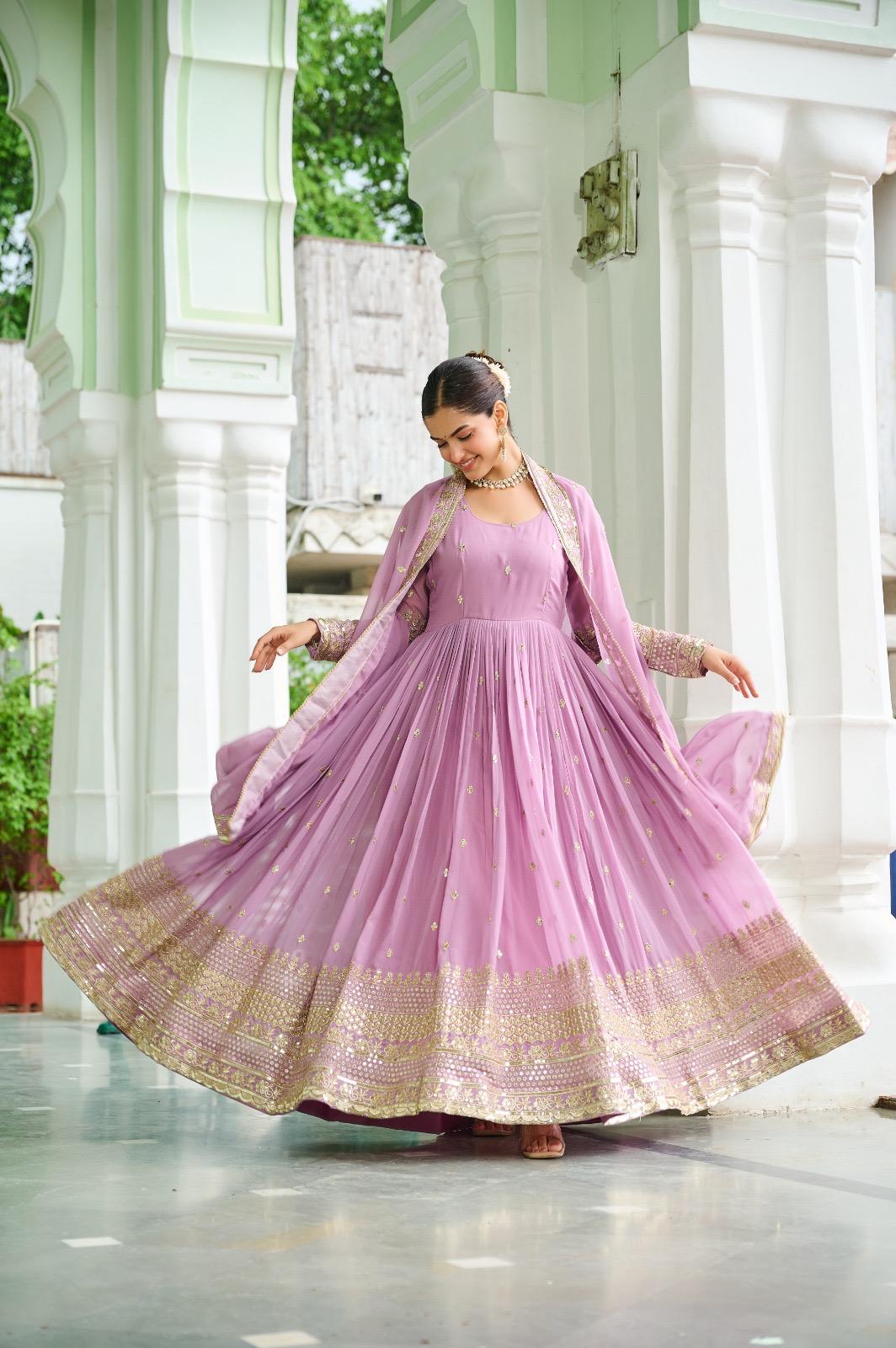 Lavender Georgette Embroidered Gown