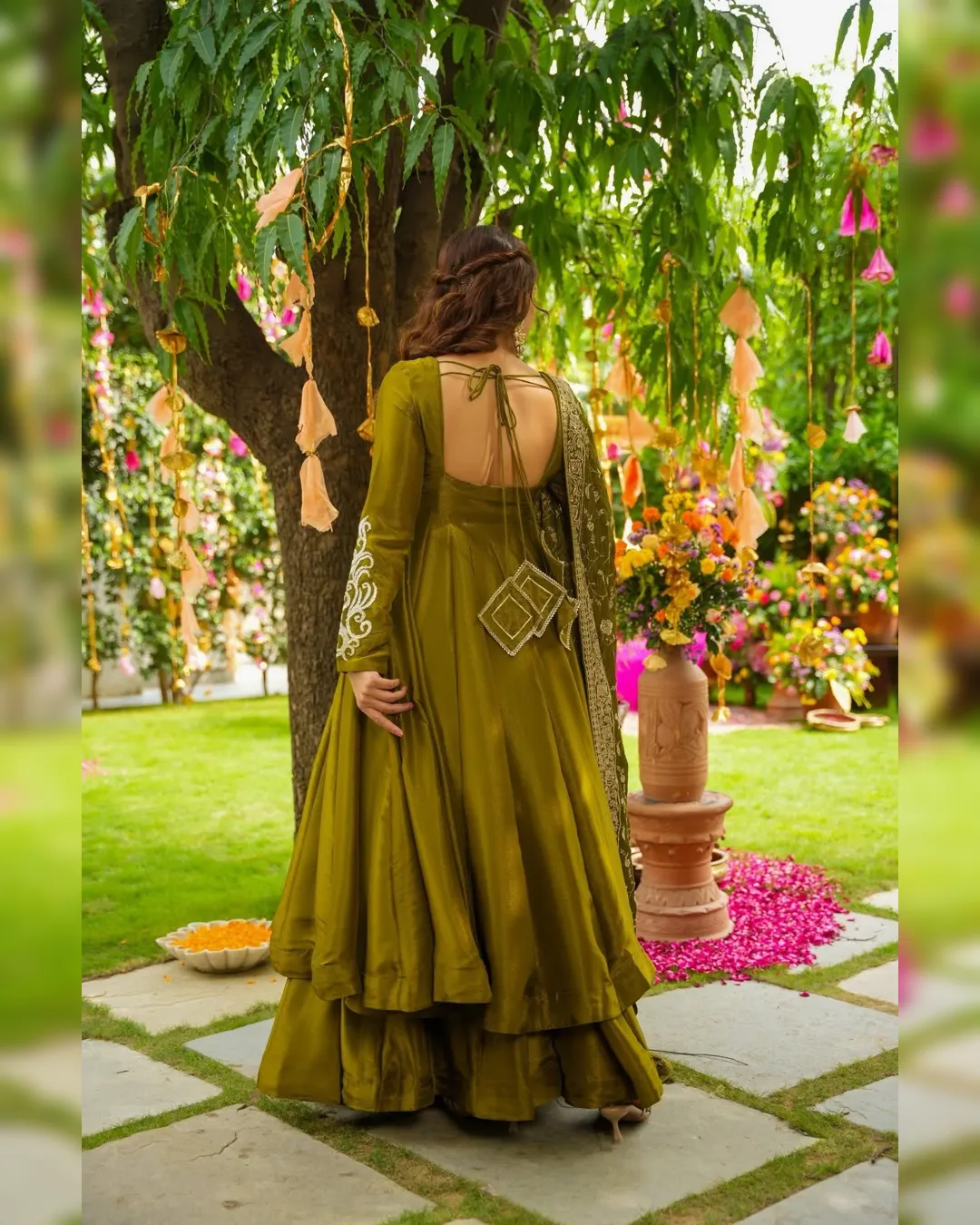 Henna Green Shimmery Festive Gown With Palazzo