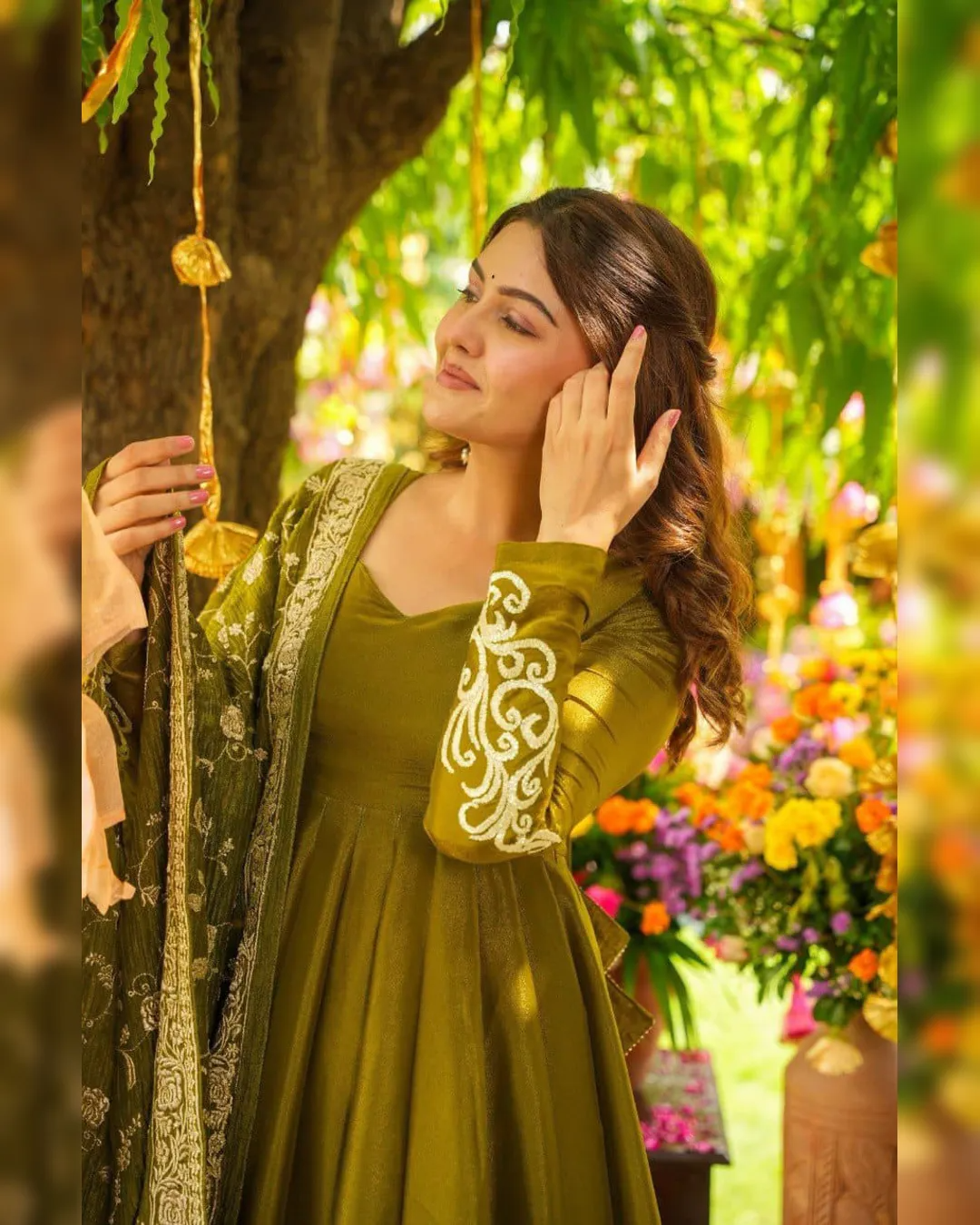 Henna Green Shimmery Festive Gown With Palazzo