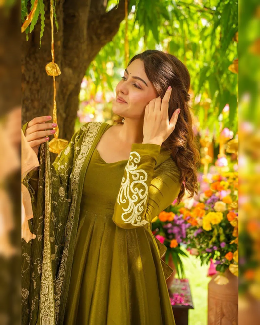 Henna Green Shimmery Festive Gown With Palazzo