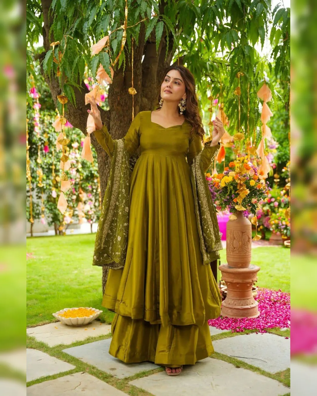 Henna Green Shimmery Festive Gown With Palazzo