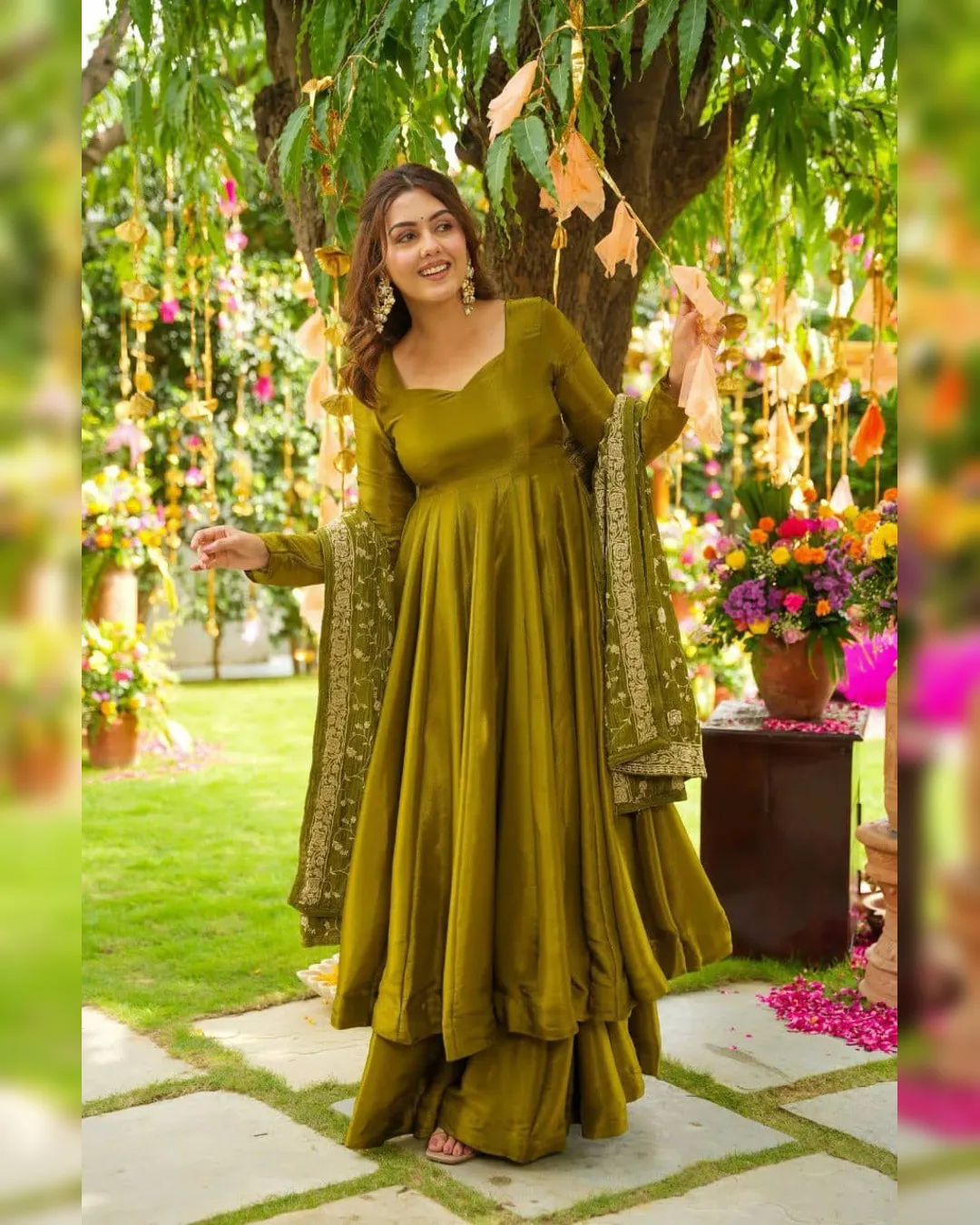 Henna Green Shimmery Festive Gown With Palazzo