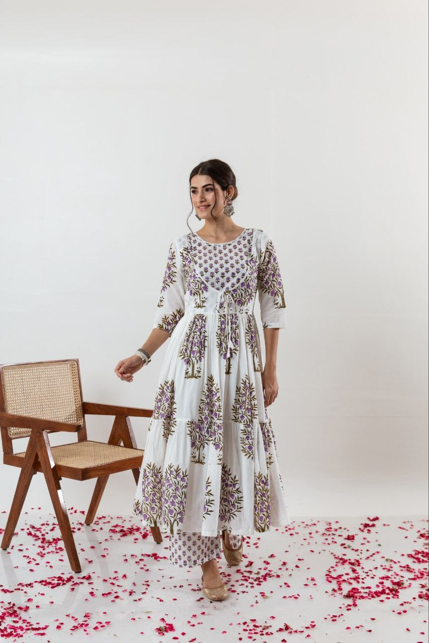 Lavender Anar Printed Gathered Kurta With With Tie Up Details With Palazzo