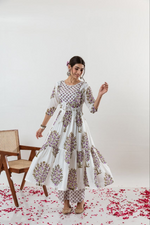 Lavender Anar Printed Gathered Kurta With With Tie Up Details With Palazzo