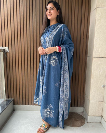 Floral Pintex Block Printed Kurti Pant & Dupatta (2 Colors)