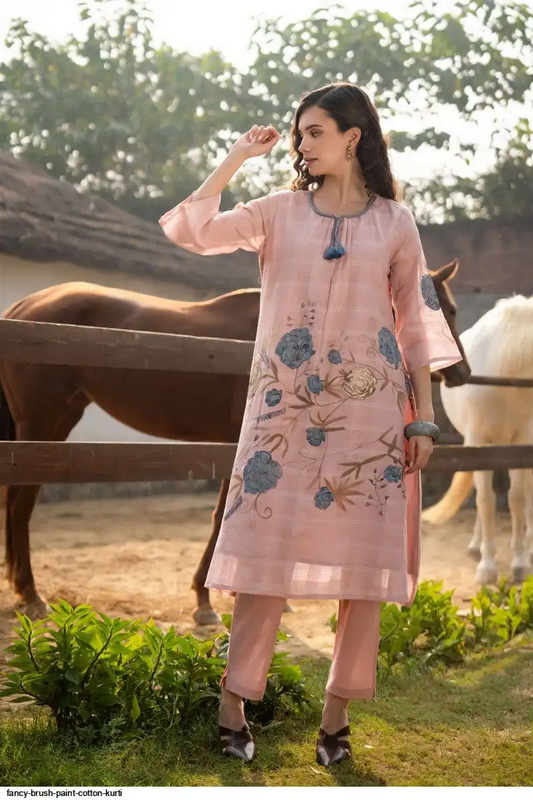 Cotton Brush Paint Straight Kurti Pant Set