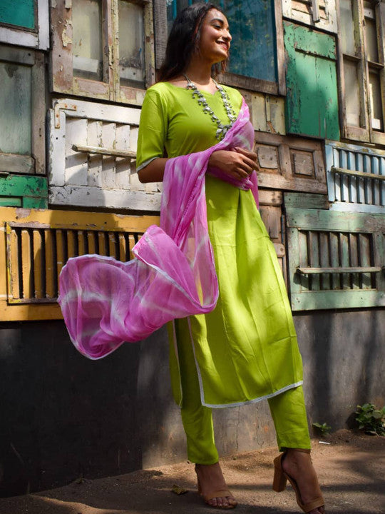 Lime Green Leheriya Kurta Suit Set